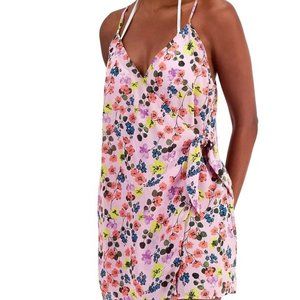 Miken Tie-Front Faux-Wrap Cover-Up Dress Orchid Bouquet Tea Rose XS